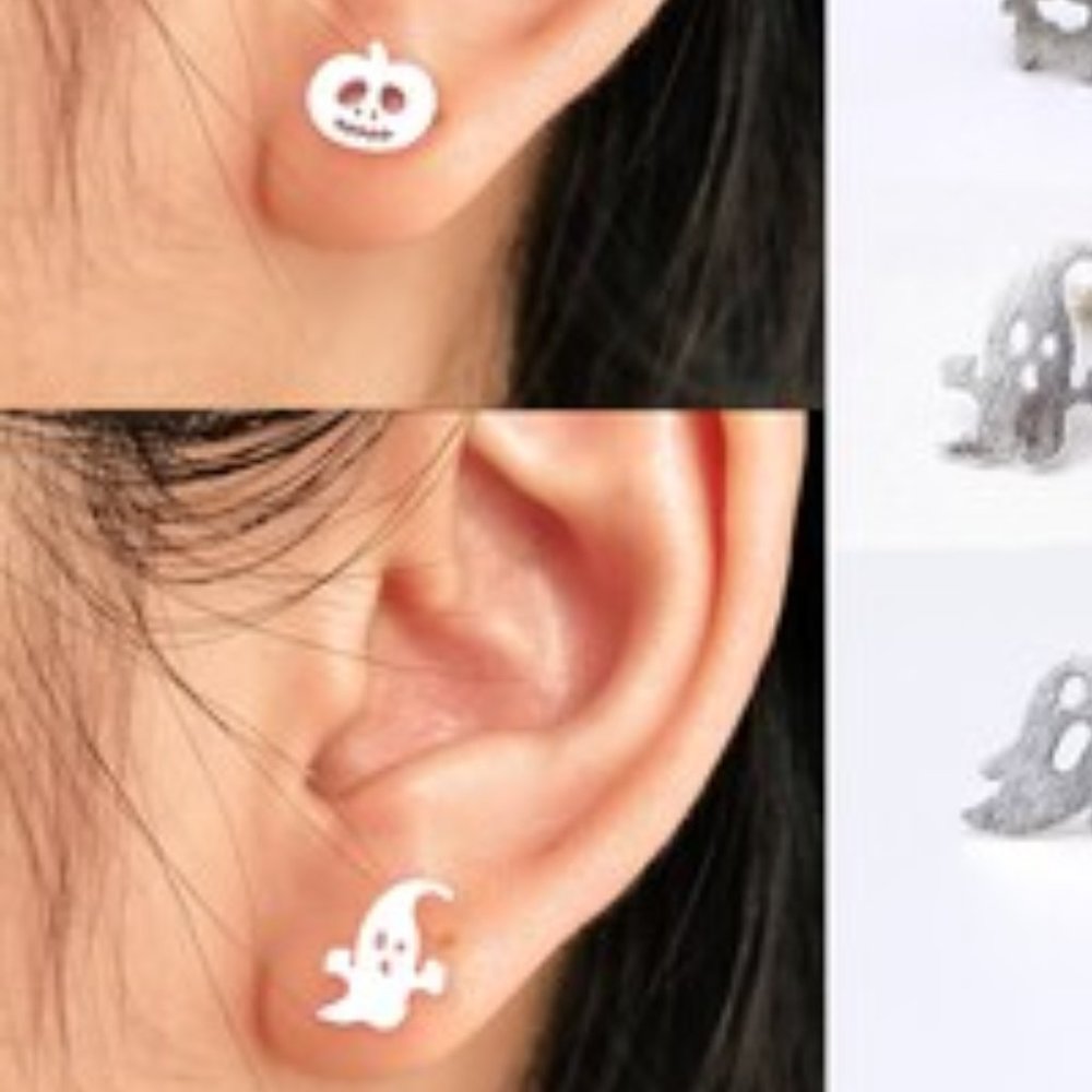 Spooky Boo ghost pumpkin halloween earrings 925 Sterling Silver Studs - Picture 2 of 3
